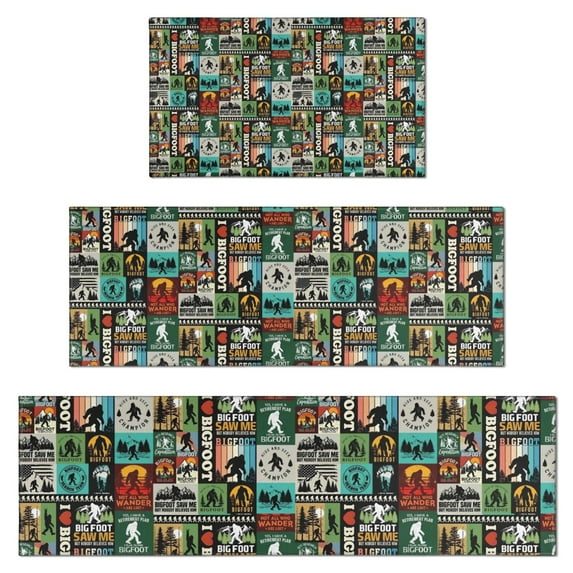 Multicolor Bigfoot and Text Pattern Kitchen Rugs Sets Of 3,Kitchen Runner Rugs Non Skid Washable,Decorative Kitchen Floor Mats for Kitchen,Sink,Laundry,17"x30"+ 17"x47" + 17"x59"