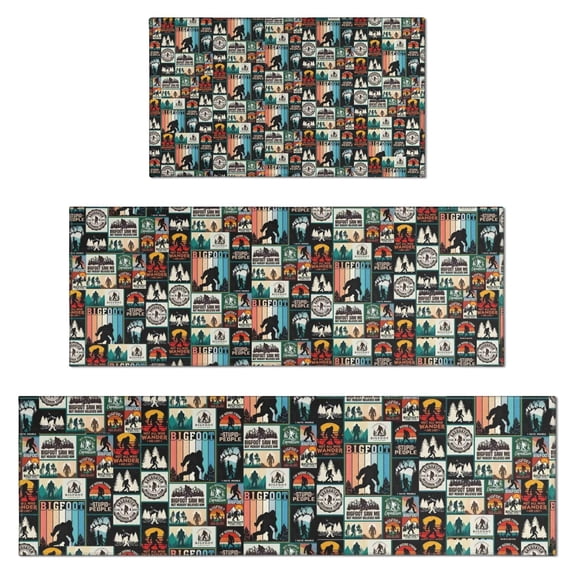 Multicolor Bigfoot and Text Pattern Kitchen Rugs Sets Of 3,Kitchen Runner Rugs Non Skid Washable,Decorative Kitchen Floor Mats for Kitchen,Sink,Laundry,17"x30"+ 17"x47" + 17"x59"