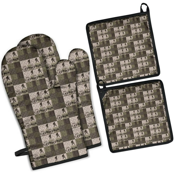 Multicolor Bigfoot and Camping Pattern Kitchen Oven Mitt and Pot Holder Sets 4 Pcs for Baking, Cooking and Grilling, Heat Resistant Up To 392 °F