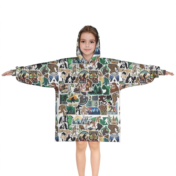 Multicolor Bigfoot and Sticker Pattern Blanket Hoodies for Kids 6-13YR Oversize Wearable Blanket Hoodies for Boys Girls Teens