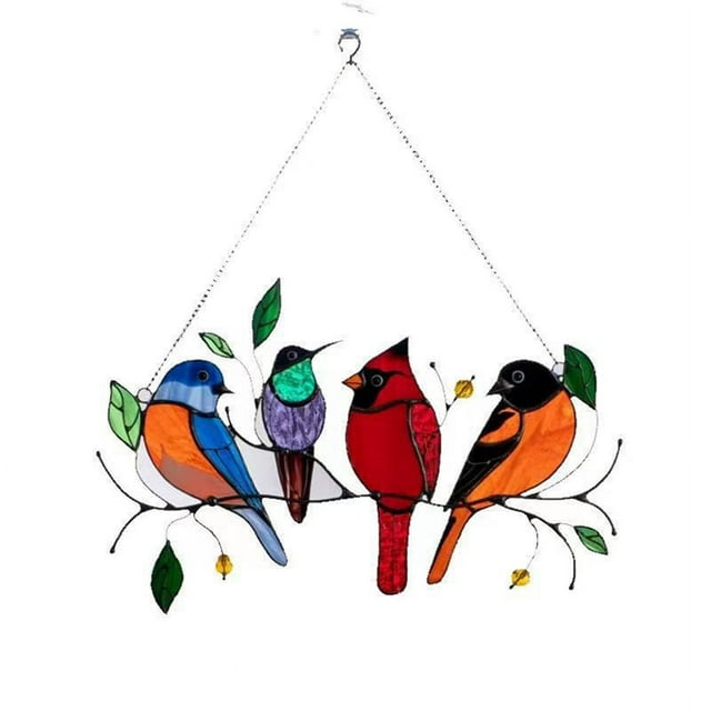 Multicolor Birds On A Wire High Stained Ornament Glass Suncatcher Window Panel,Bird Series Hanging Ornaments Pendant Home Decoration,Home Decor Gifts For Bird 1PC