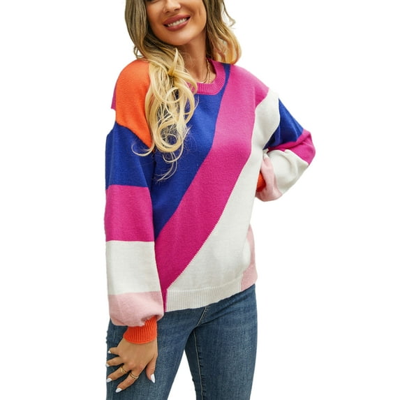 Multicolor Block Round Neck Sweater Asymmetrical Pattern for Women Fuchsia Large