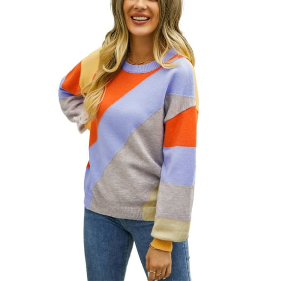 Multicolor Block Round Neck Sweater Asymmetrical Pattern for Women Orange Medium