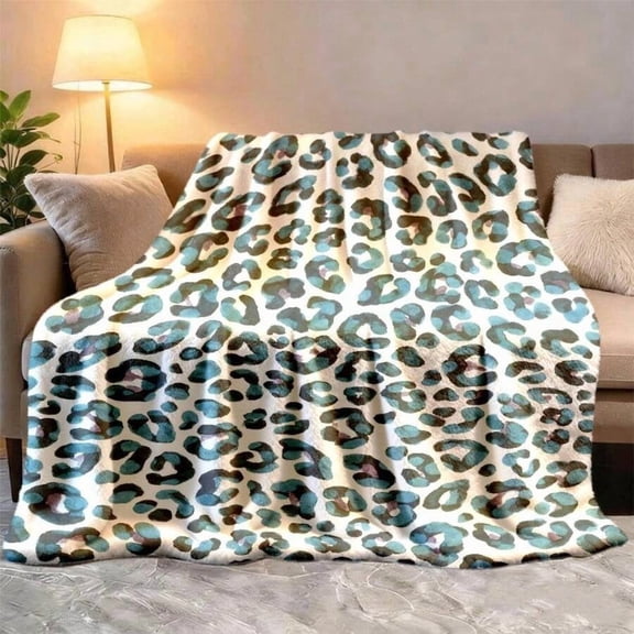 Multicolor Blue-Green Leopard Print Flannel Throw Blanket, Soft Cozy All-Season Sofa Cover & Bedspread