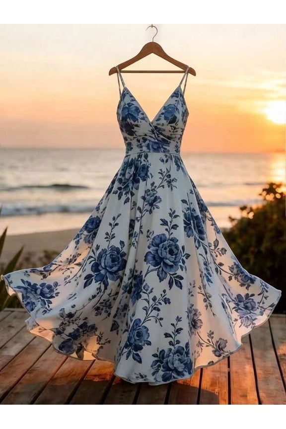 Multicolor Blue & White Floral Print Spaghetti Strap V-Neck Waist-Cinched A-Line Maxi Dress For Spring Summer Vacation