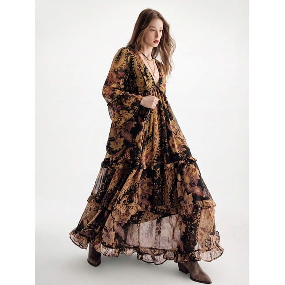 Multicolor Bohemian Chiffon Flowy Dress With Frill Trim, Loose Fit Deep V-Neck Long Sleeve