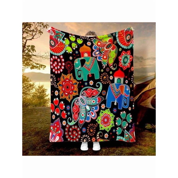 Multicolor Bohemian Elephant Mandala Flannel Throw Blanket – Soft 280 GSM Cozy Decor for Sofa Bed Camping
