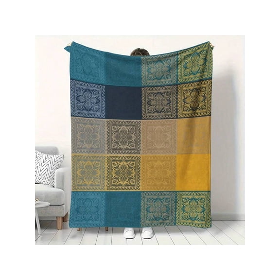 Multicolor Bohemian Print Flannel Chenille Throw Blanket For Sofa Bed Armchair Cozy Decor