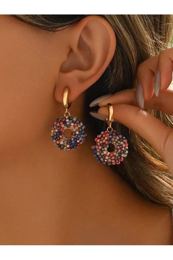 Multicolor Boho Beaded Circular Dangle Earrings With Goldtone Hoop