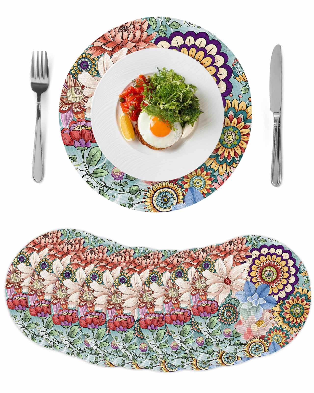 Multicolor Boho Floral Round Table Placemats set of 8, Vintage ...
