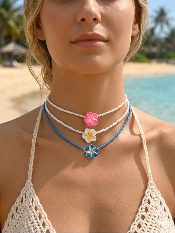 Multicolor Boho Polymer Clay Plumeria Flower Beaded Choker Necklace