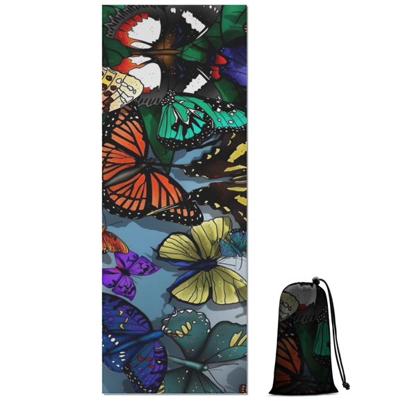 Multicolor Butterfly Group Pattern Hot Yoga Mat Towel Non Slip for Hot Yoga - Quick-Drying Yoga Mat Cover with 4 Corner Pockets with Travel Bag - Hot Yoga Towel Non Slip 74"x26"