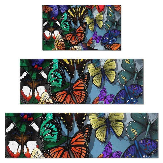 Multicolor Butterfly Group Pattern Kitchen Rugs Sets Of 3,Kitchen Runner Rugs Non Skid Washable,Decorative Kitchen Floor Mats for Kitchen,Sink,Laundry,17"x30"+ 17"x47" + 17"x59"