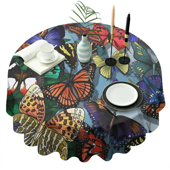 Multicolor Butterfly Group Pattern Round Tablecloth 60"x60",Wrinkle Wipeable Table Cloth for Kitchen Dining Room Picnic Patio Party