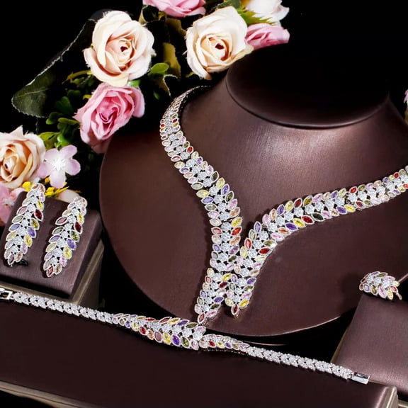 Multicolor CZ Leaf Wedding Necklace Earring 4pc Bridal Silver Plated Jewelry Set