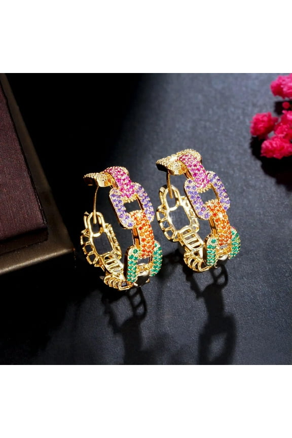 Multicolor CZ Yellow Gold Plated Geometric Round Cuban Chain Link Hoop Earrings