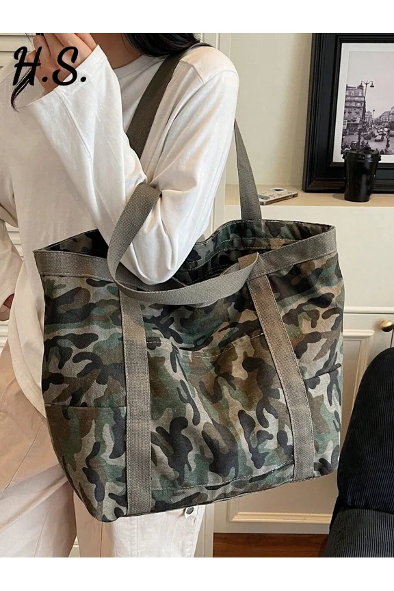 Multicolor Camouflage Canvas Tote Bag With Shoulder Strap Large Capacity