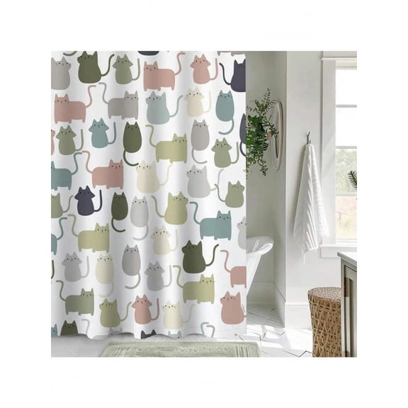 Multicolor Cartoon Cats Fabric Shower Curtain, Modern Bathroom Decor With Pastel Cat Pattern
