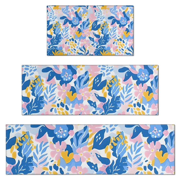 Multicolor Cartoon Floral and Leaf Pattern Kitchen Rugs Sets Of 3,Kitchen Runner Rugs Non Skid Washable,Decorative Kitchen Floor Mats for Kitchen,Sink,Laundry,17"x30"+ 17"x47" + 17"x59"