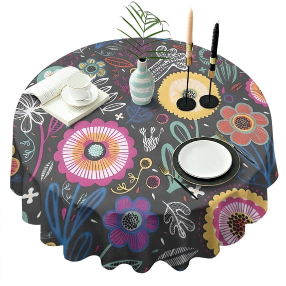 Multicolor Cartoon Floral Pattern Round Tablecloth 60"x60",Wrinkle Wipeable Table Cloth for Kitchen Dining Room Picnic Patio Party