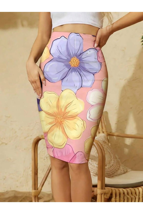 Multicolor Cartoon Floral Printed Knit Slim Fit Pencil Skirt For Spring Summer Casual Wear