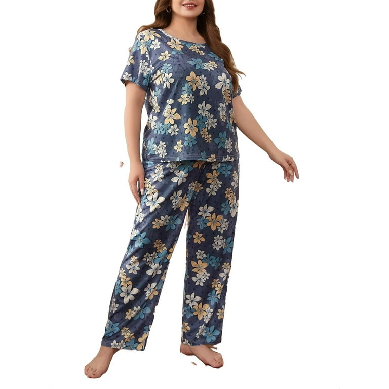 Multicolor Casual All Over Print Round Neck Pant Sets Short Sleeve Plus Size Pajama Sets Women s Plus Walmart