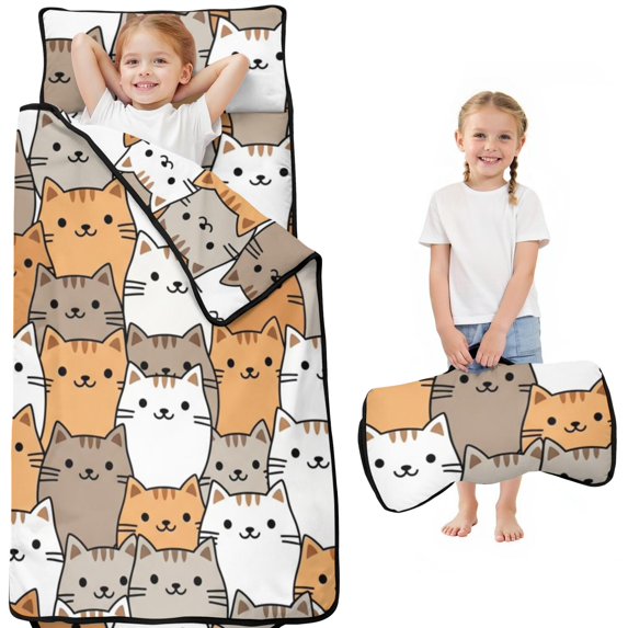 Multicolor Cat Doodle White Pattern Teens Toddler Nap Mat with Pillow, Sleeping Mat Bag for Preschool Daycare 50"x20"