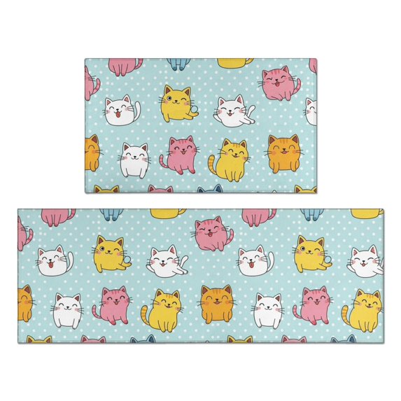 Multicolor Cat and Dot Blue Pattern Anti Fatigue Kitchen Rugs Set Of 2, Non Slip Washable Decorative Floor Mats for Kitchen Sink Laundry, 17"x30" and 17"x47"