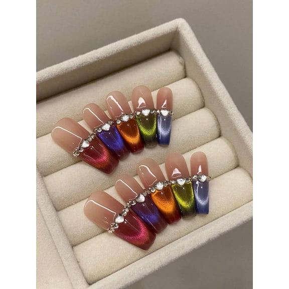 Multicolor Cat Eye Press-On Nails With Rhinestone Accents, Extra Long