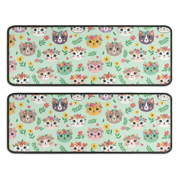 Multicolor Cat and Flower Green Pattern Anti Fatigue Kitchen Rugs Set Of 2, Non Slip Washable Decorative Floor Mats for Sink Laundry and Home Use, 17"x47"