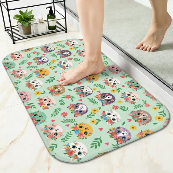 Multicolor Cat and Flower Green Pattern Non-Slip Bath Mat, Entryway ...