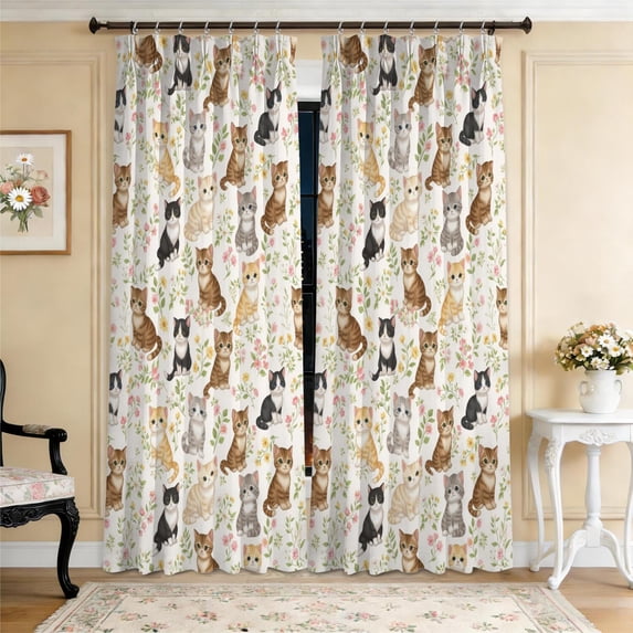 Multicolor Cat and Flower White Pattern Pinch Pleated Blackout Curtains ...