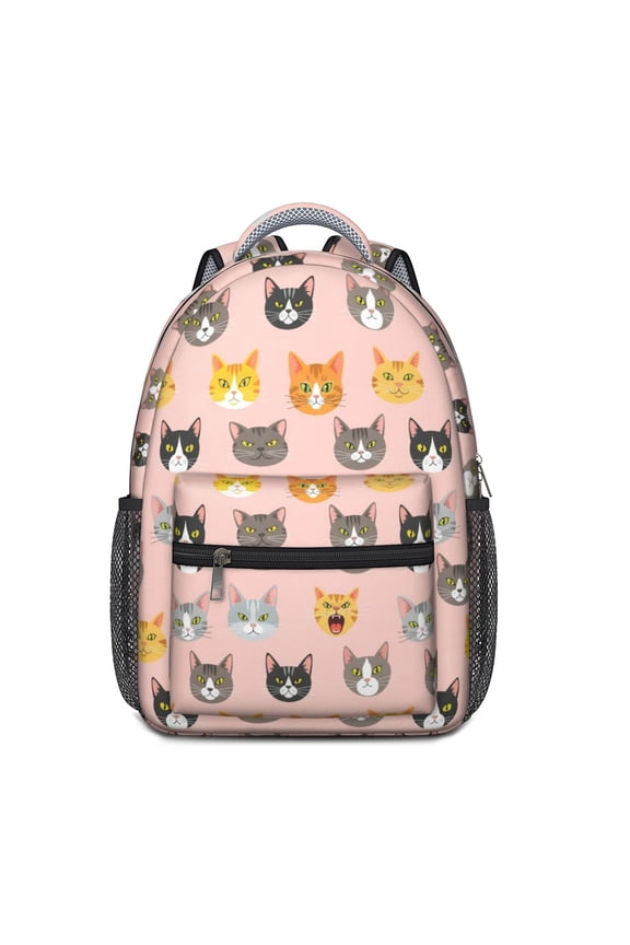 Multicolor Cat Head Pink Pattern Backpack for School, Cute School Bag with Adjustable Shoulder Straps and Padded Back, 15.3"x11"x6.7"