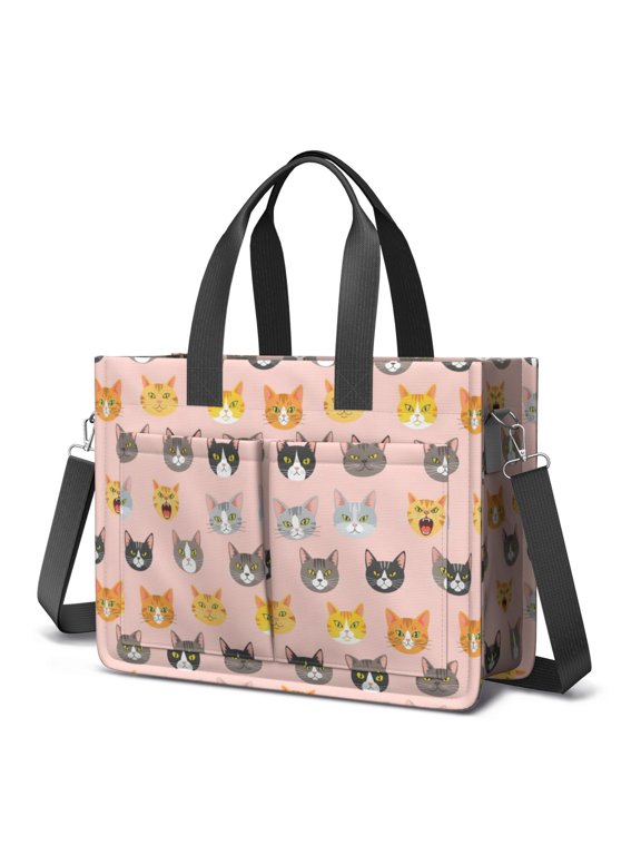 Multicolor Cat Head Pink Pattern Canvas Messenger Tote Bag, Nurse Handbag with Multi Pockets & Removable Strap, Magnetic Closure Gifts for Work Travel Shopping