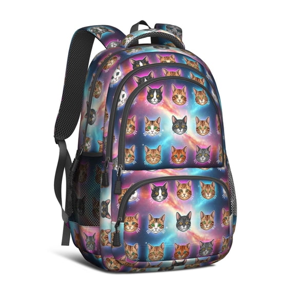 Multicolor Cat Head Purple Pattern Cute School Backpack Bag with Padded Back and Adjustable Shoulder Straps 16.9 X 12.6 X 5.9 Inches