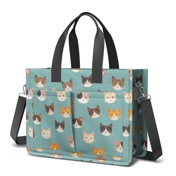 Multicolor Cat Head Teal Pattern Canvas Messenger Tote Bag, Laptop Shoulder Bag with Multi Pockets & Removable Strap, Magnetic Closure Gifts for Work Travel Shopping