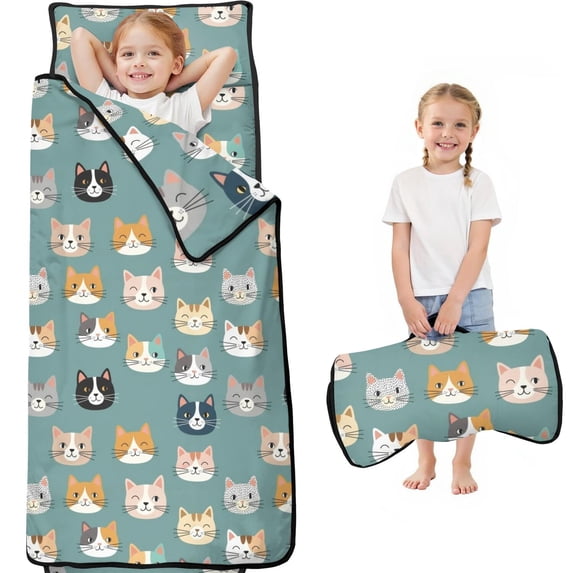 Multicolor Cat Head Teal Pattern Teens Toddler Nap Mat with Pillow, Sleeping Mat Bag for Preschool Daycare 60"x20"