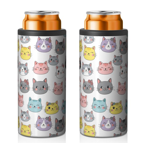 Multicolor Cat Head White Pattern 12oz Can Cooler 1 Pack, Vacuum Insulated Beverage Chiller Tumbler Pc Lid Gifts Ideas for Holiday Birthday Thanksgiving Halloween Gifts