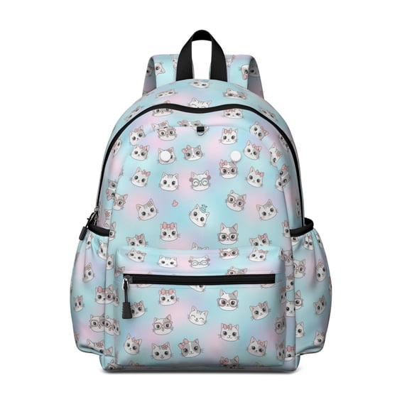 Multicolor Cat Head White Pattern Cute School Backpack with Padded Back and Adjustable Shoulder Straps 13.4"x11"x4.7"