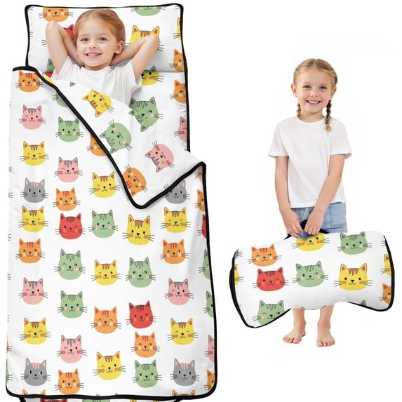 Multicolor Cat Head White Pattern Kids Nap Mat, Daycare Sleep Mat with ...