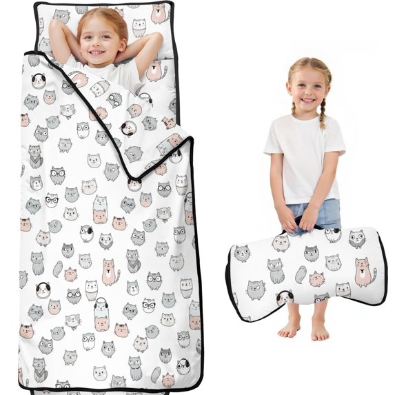 Multicolor Cat Head White Pattern Teens Toddler Nap Mat with Pillow, Sleeping Mat Bag for Preschool Daycare 59"x22"