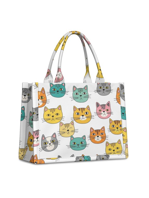 Multicolor Cat Head White Pattern Tote Bag, Travel Tote Purse with Interior Pockets & Top Handle, Smooth Zipper Gifts for Women Men,15.7 X 5.1 X 13 Inches