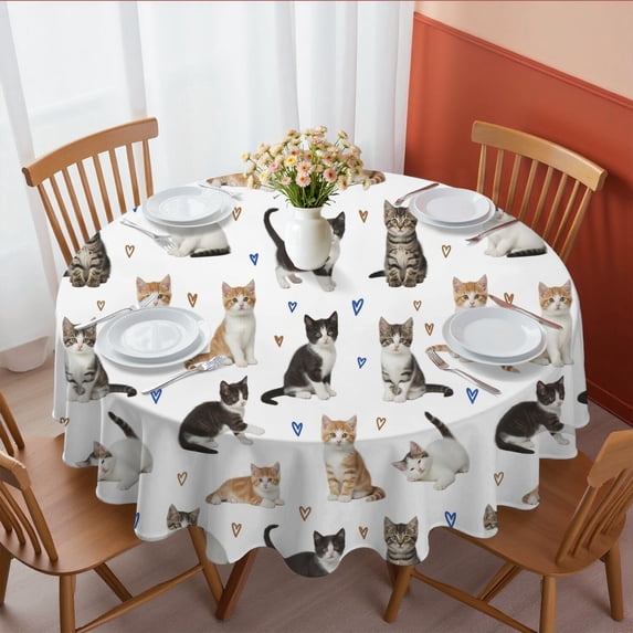 Multicolor Cat and Heart White Pattern Round Tablecloth 70"x70", Wrinkle Resistant Wipeable Table Cover for Kitchen Dining Room Picnic Patio and Party