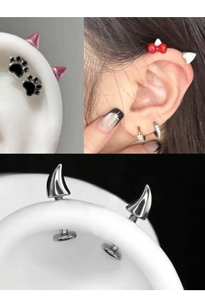 Multicolor Cat Paw & Devil Horn Cartilage Ear Cuff Stud Earrings Set