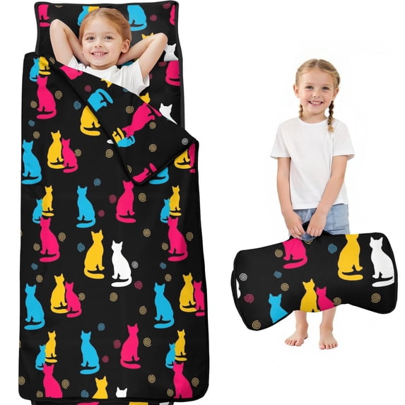 Multicolor Cat Silhouette Black Pattern Teens Toddler Nap Mat with Pillow, Sleeping Mat Bag for Preschool Daycare 59"x22"