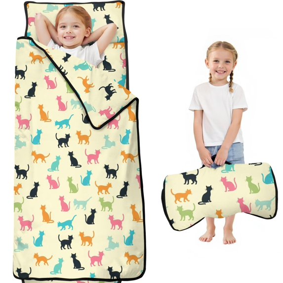 Multicolor Cat Silhouette Yellow Pattern Teens Toddler Nap Mat with Pillow, Sleeping Mat Bag for Preschool Daycare 59"x22"