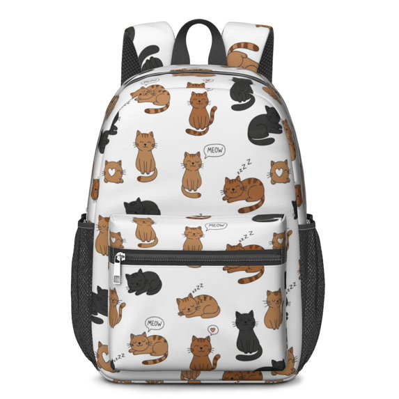 Multicolor Cat White Pattern 17" Waterproof Oxford School Backpacks for Teens, S-Shape Padded Straps, for School, Travel, Hiking, Camping