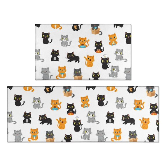 Multicolor Cat White Pattern Anti Fatigue Kitchen Rugs Set Of 2, Non Slip Washable Decorative Floor Mats for Kitchen Sink Laundry, 17"x30" and 17"x47"