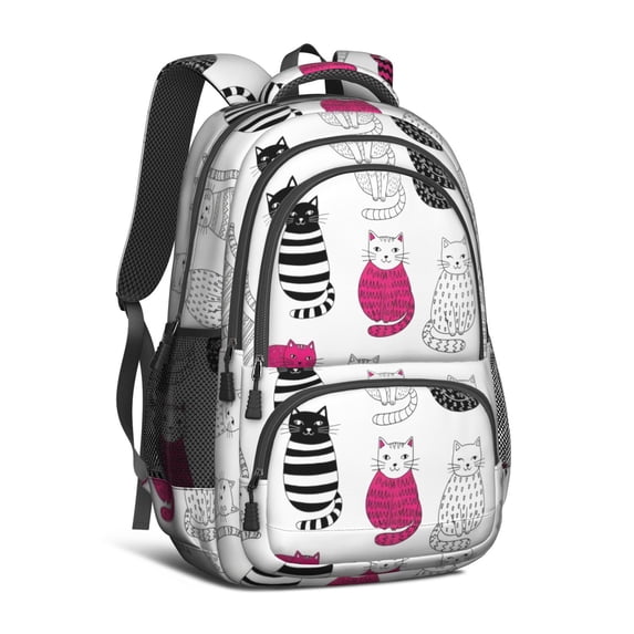 Multicolor Cat White Pattern Backpack for School, Cute School Bag with Adjustable Shoulder Straps and Padded Back, 16.9"x12.6"x5.9"