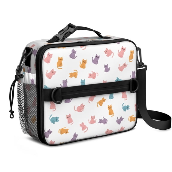 Multicolor Cat White Pattern Insulated Lunch Bag with Shoulder Strap and Bottle Holder,Bento School Lunch Bag Box,11x9.5x3.5 Inches